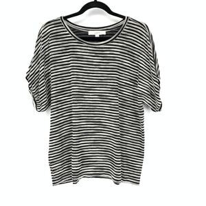 Loft Short Sleeve Ribbed Knit Top Womens Size Medium Black Cream Gray Striped